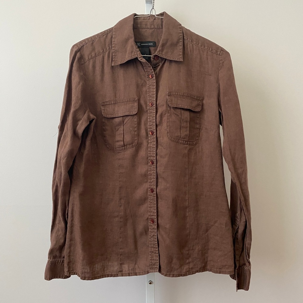 INC 100% Linen Academia Earth Colors Button Shirt 4 Brown Safari Utility Top